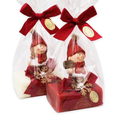 Schafmilchseife eckig 100g, dekoriert mit Wichtel in Cello, Classic/Granatapfel 