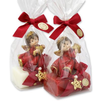 Schafmilchseife eckig 100g dekoriert mit Engel in Cello, Classic/Granatapfel 