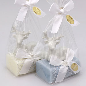 Schafmilchseife eckig 100g, dekoriert mit Hirsch in Cello, Classic/Eisblume 