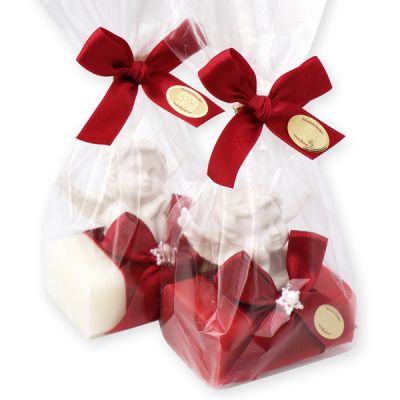 Schafmilchseife eckig 100g, dekoriert mit Engelskopf in Cello, Classic/Granatapfel 