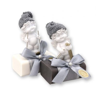 Sheep milk soap 100g, decorated with an angel 'Igor'-skier, Christmas rose white/silver 