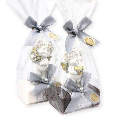 Sheep milk soap 100g, decorated with an angel 'Igor' in a cellophane, Christmas rose white/silver 