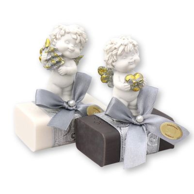 Sheep milk soap 100g, decorated with an angel 'Igor', Christmas rose white/silver 