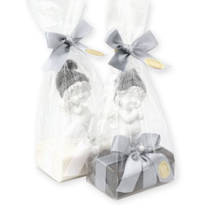 Sheep milk soap 100g, decorated with an angel 'Igor' in a cellophane, Christmas rose white/silver 
