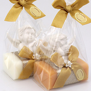 Schafmilchseife eckig 100g, dekoriert mit Engelskopf in Cello, Classic/Quitte 