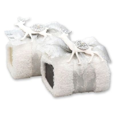 Sheep milk soap 100g, wrapped with a white wash cloth decorated with a deer, Classic/christmas rose 