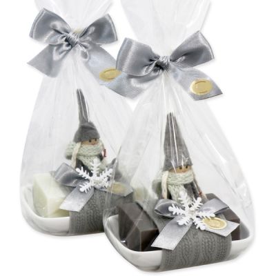 Sheep milk soap 150g, on a soap dish decorated with felt gnome in a cellophane bag, Classic/christmas rose 