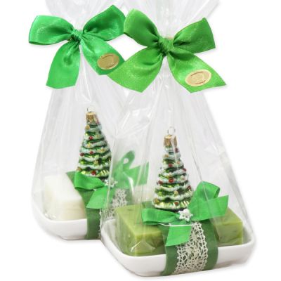Sheep milk soap 150g on a soap dish, decorated with a glass christmas tree in a cellophane, Classic/verbena 