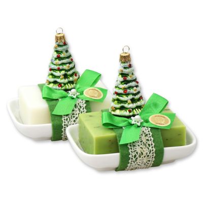 Sheep milk soap 150g on a soap dish, decorated with a glass christmas tree, Classic/verbena 