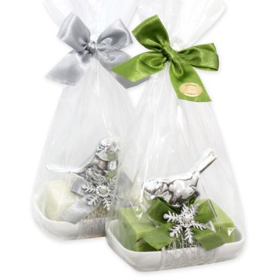 Sheep milk soap 150g on a soap dish, decorated with a bird in a cellophane, Classic/verbena 