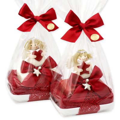 Schafmilchseife 'Luxus' 100g, auf Seifenschale dekoriert mit Stoffengel und Waschtuch in Cello, Classic/Granatapfel 