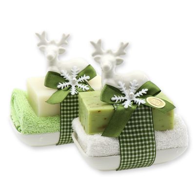 Sheep milk soap 'Luxury' 100g on a soap dish, decorated with a deer and a hand towel, Classic/verbena 