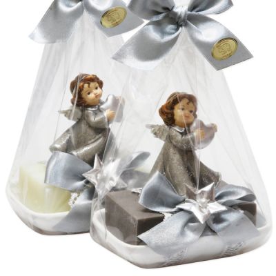 Sheep milk soap 150g decorated with an angel on a soap dish in a cellophane bag, Classic/Christmas Rose 