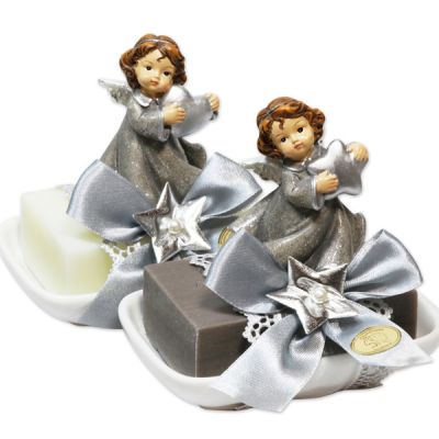 Sheep milk soap 150g decorated with an angel on a soap dish, Classic/Christmas Rose 