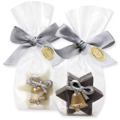 Sheep milk soap star 20g, decorated with a bell in a cellophane, Classic/christmas rose 
