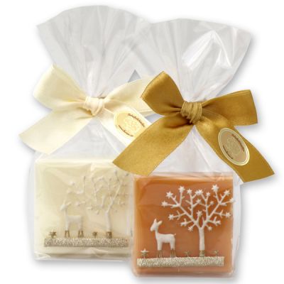 Sheep milk soap quadrat 35g, decorated with a ribbon in a cellophane, Classic/quince 