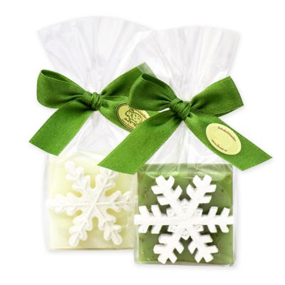 Sheep milk soap quadrat 35g, decorated with a snowflake in a cellophane, Classic/verbena 