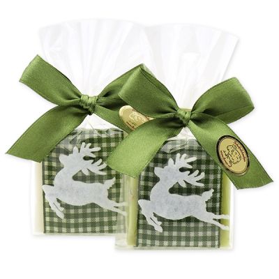 Sheep milk soap quadrat 35g, decorated with a felt deer in a cellophane, Classic/verbena 