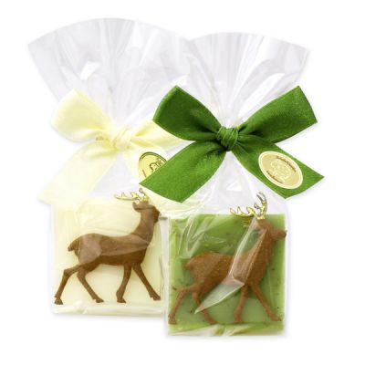 Sheep milk soap quadrat 35g, decorated with a deer in a cellophane, Classic/verbena 