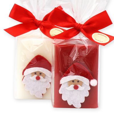 Schafmilchseife eckig 100g, dekoriert mit Filz Weihnachtsmann in Cello, Classic/Granatapfel 