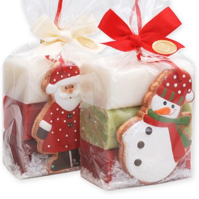 Schafmilchseife eckig 100g, dekoriert mit Schneemann und Weihnachtsmann in Cello, sortiert 