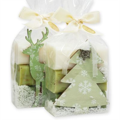 Sheep milk soap 100g, decorated with a christmas tree and a deer in a cellophane, sorted 