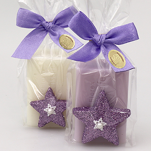 Schafmilchseife eckig 100g, dekoriert mit Glitzerstern in Cello, Classic/Flieder 