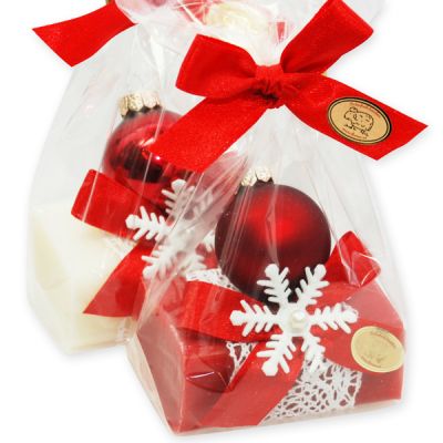 Schafmilchseife eckig 100g, dekoriert mit Glaskugel rot in Cello, Classic/Granatapfel 