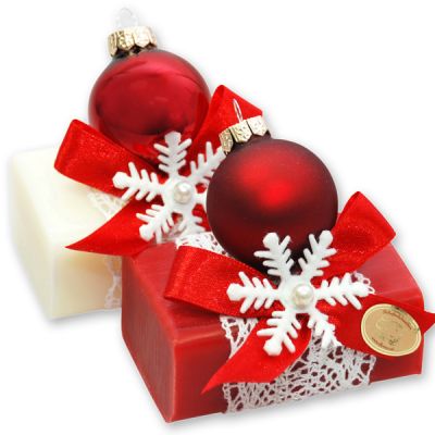 Schafmilchseife eckig 100g, dekoriert mit Glaskugel rot, Classic/Granatapfel 