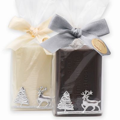 Sheep milk soap 100g, decorated with a silver 'forest'-ribbon in a cellophane, Classic/christmas rose 