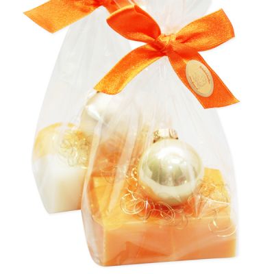 Schafmilchseife eckig 100g, dekoriert mit Glaskugel gold in Cello, Classic/Orange 
