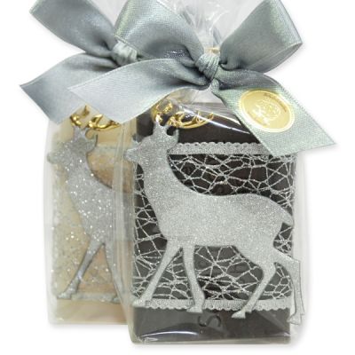 Sheep milk soap 100g, decorated with a glittering deer in a cellophane, Classic/christmas rose 