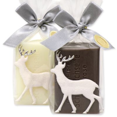 Sheep milk soap decorated with a deer in a cellophane, Classic/christmas rose 