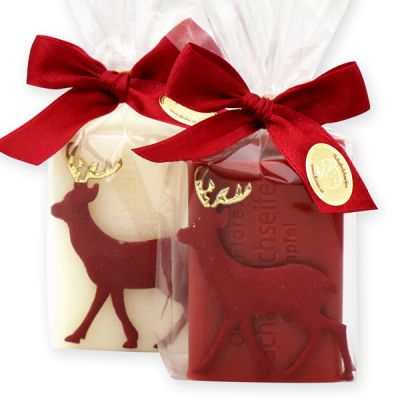 Schafmilchseife eckig 100g, dekoriert mit Filzhirsch rot in Cello, Classic/Granatapfel 