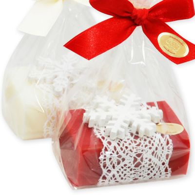 Schafmilchseife eckig 100g, dekoriert mit Schneeflocke in Cello, Classic/Granatapfel 