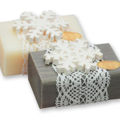 Sheep milk soap square 100g, decorated with a snowflake, Classic/christmas rose 