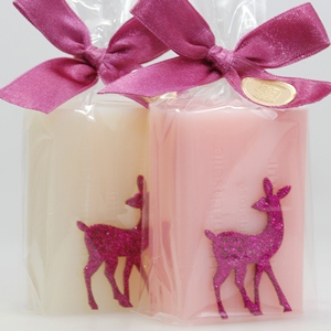 Schafmilchseife eckig 100g, dekoriert mit Rehkitz in Cello, Classic/Magnolie 