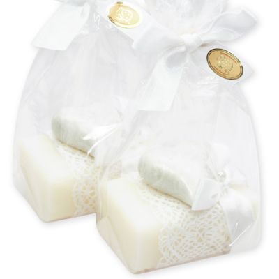 Schafmilchseife eckig 100g dekoriert mit Herz Perlmut in Cello, Classic 