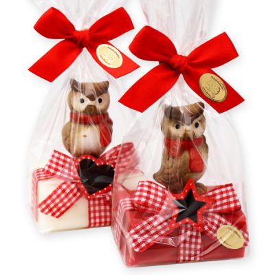 Schafmilchseife eckig 100g, dekoriert mit Eule in Cello, Classic/Granatapfel 
