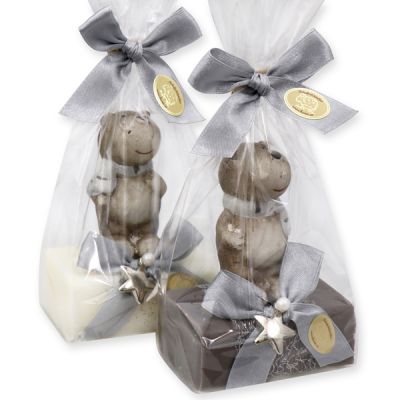 Sheep milk soap 100g, decorated with a bear in a cellophane, Classic/christmas rose 