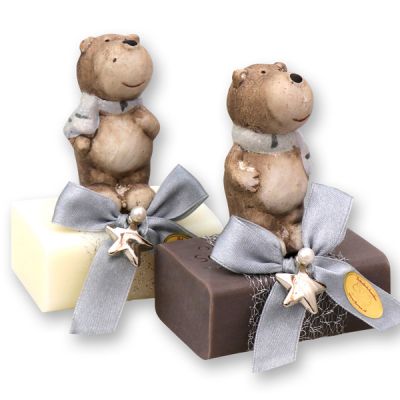 Sheep milk soap 100g, decorated with a bear, Classic/christmas rose 