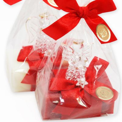 Schafmilchseife eckig 100g, dekoriert mit Glasengel in Cello, Classic/Granatapfel 