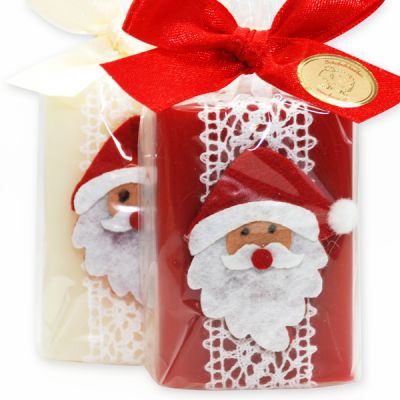 Schafmilchseife eckig 100g, dekoriert mit Filz Weihnachtsmann in Cello, Classic/Granatapfel 