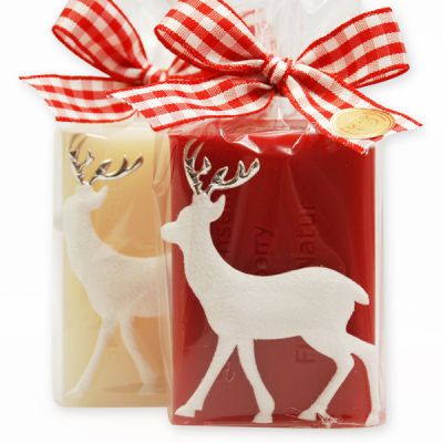 Schafmilchseife eckig 100g, dekoriert mit Filzhirsch in Cello, Classic/Granatapfel 