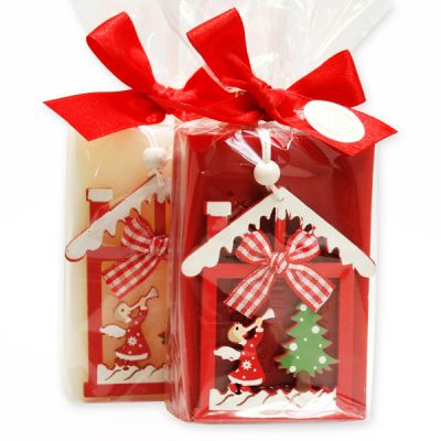 Schafmilchseife eckig 150g, dekoriert mit weihnachtlichen Motiv in Cello, Classic/Cranberry 