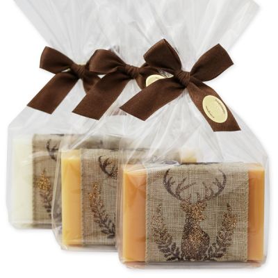 Sheep milk soap 150g, decorated with a deer-ribbon in a cellophane, Classic/swiss pine/quince 
