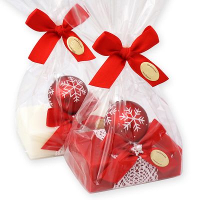 Schafmilchseife eckig 150g, dekoriert Weihnachtskugel in Cello, Classic/Cranberry 