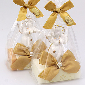 Schafmilchseife eckig 150g, dekoriert mit Engel in Cello, Classic/Quitte 